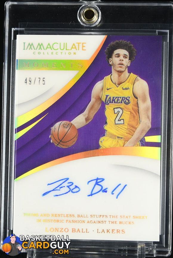 Lonzo Ball 2017-18 Immaculate Collection Immaculate Moments Autographs RC #/75 autograph, basketball card, numbered, rookie card