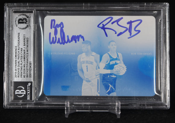 RJ Barrett & Zion Williamson New York Knicks Autographed 2019-20 Panini Eminence Cyan Printing Plate #2 #1/1 Beckett Fanatics Witnessed Authenticated RC