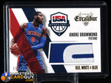 Andre Drummond 2014-15 Panini Excalibur Red White and Blue Jerseys Prime #5 #/25 basketball card, game used, numbered, patch, team usa