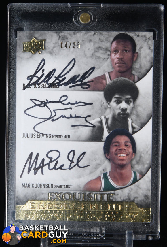 Bill Russell/Julius Erving/Magic Johnson 2012-13 Exquisite Collection Endorsements Triple #BEJ #/35 autograph, basketball card, numbered