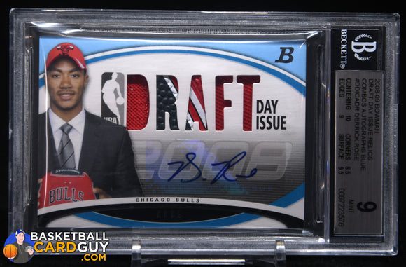 Derrick Rose 2008 - 09 Bowman Draft Day Issue Relics Autographs Blue #DDIADR #/50 BGS 9 autograph, basketball card, graded, jersey, numbered