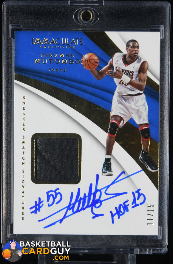 Dikembe Mutombo 2017-18 Immaculate Collection Sneaker Swatches Signatures HOF Inscription #/15 auto, autograph, basketball card, numbered,