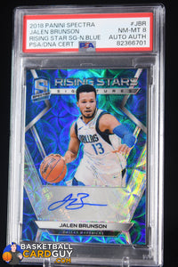 Jalen Brunson 2018-19 Panini Spectra Rising Stars Signatures Neon Blue #32 PSA 8 POP 1 #/60 autograph, basketball card, graded, numbered,