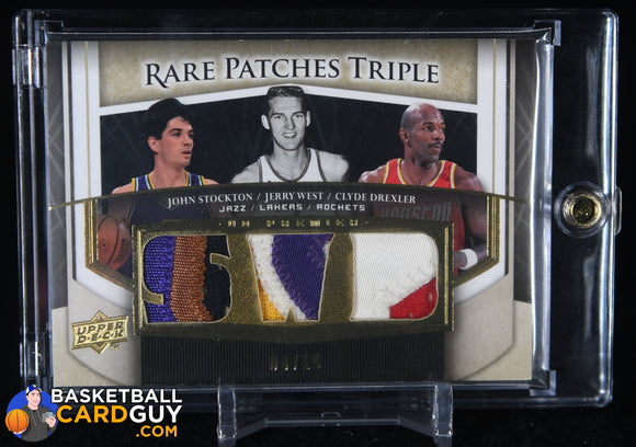 Jerry West/John Stockton/Clyde Drexler 2007-08 Upper Deck Premier Rare Patches Triple Gold #WSD #/10 basketball card, game used, numbered,