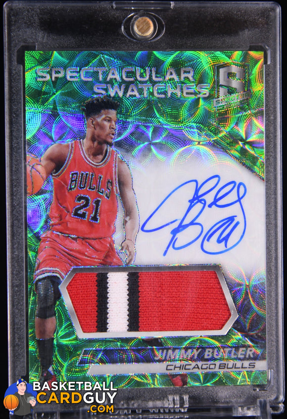 Jimmy Butler 2016 - 17 Panini Spectra Spectacular Swatch Autographs Neon Green PATCH #/25 auto, autograph, basketball card, numbered,