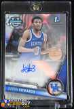 Justin Edwards 2023-24 Bowman Chrome University Blue RayWave Refractors #46 #/199 autograph, basketball card, numbered, rookie card