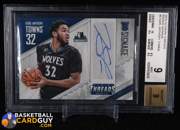 Karl-Anthony Towns 2015-16 Panini Threads Rookie Signage #8 BGS 9 autograph, basketball card, beckett, graded, rookie card