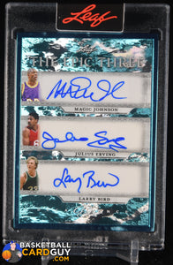 Larry Bird Magic Johnson Julius Erving Leaf Decadence Triple Autograph The Epic Three Blue #/10 autograph, basketball card, numbered