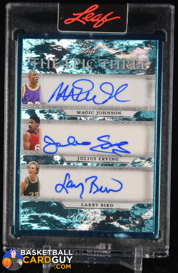 Larry Bird Magic Johnson Julius Erving Leaf Decadence Triple Autograph The Epic Three Blue #/10 autograph, basketball card, numbered