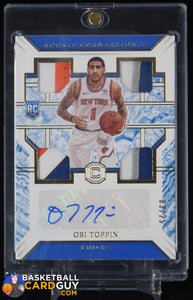 Obi Toppin 2020-21 Panini Chronicles Cornerstones Rookie Quad Relic Autographs Quartz RC #11 #/25 autograph, basketball card, numbered,