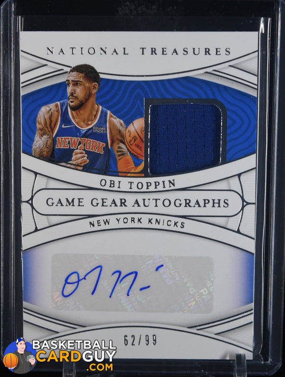 Obi Toppin 2021 - 22 Panini National Treasures Game Gear Autographs #23 #/99 auto, autograph, basketball card, jersey, numbered