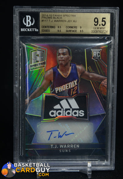 TJ WARREN BGS 9.5 2014-15 SPECTRA #117 ROOKIE ADIDAS PATCH AUTO BLACK PRIZM 1/1