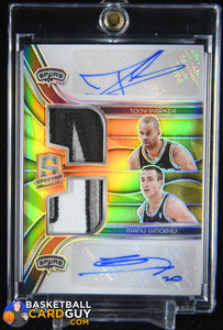 Tony Parker / Manu Ginobili 2023-24 Panini Spectra Veteran Dual Patch Autographs Gold #8 #/5 autograph, basketball card, numbered, patch