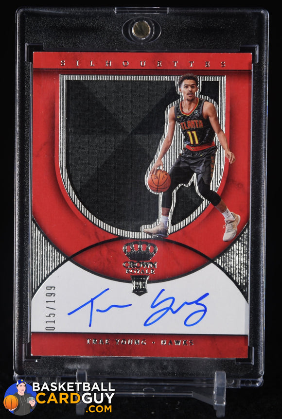 Trae Young 2018-19 Crown Royale #208 RC JSY AU #/199 autograph, basketball card, jersey, numbered, rookie card