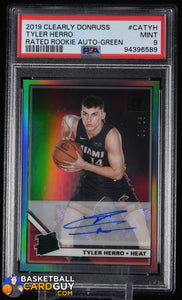 Tyler Herro 2019-20 Clearly Donruss Rated Rookie Autographs Green Mosaic #24 #/25 PSA 9 autograph, basketball card, graded, numbered,