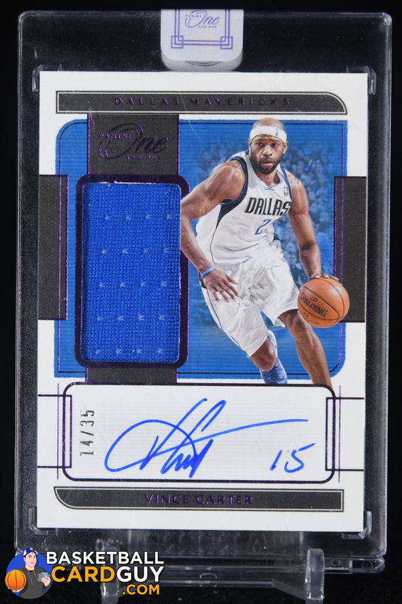 Vince Carter 2021-22 Panini One and One Jersey Autographs Purple #16 #/35 autograph, basketball card, game used, jersey, numbered