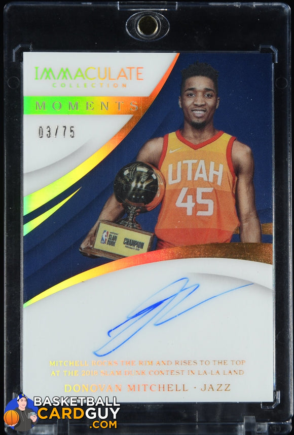 Donovan Mitchell 2017-18 Immaculate Collection Immaculate Moments Autographs Slam Dunk Contest #DM2 #/75 autograph, basketball card, 
