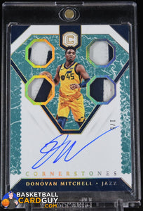 Donovan Mitchell 2018-19 Panini Cornerstones Quad Relic Patch Autographs Marble #/5 autograph, basketball card, numbered, patch