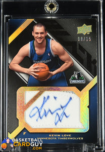 Kevin Love 2008-09 UD Black Rookie Signed Jersey Pieces Gold PATCH #SJRKL #/15 autograph, basketball card, numbered, patch, rookie card