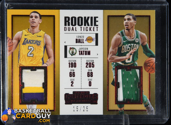 Lonzo Ball/Jayson Tatum 2017-18 Panini Contenders Rookie Ticket Dual Swatches Prime #9 PATCH #/25 basketball card, numbered, patch, rookie 
