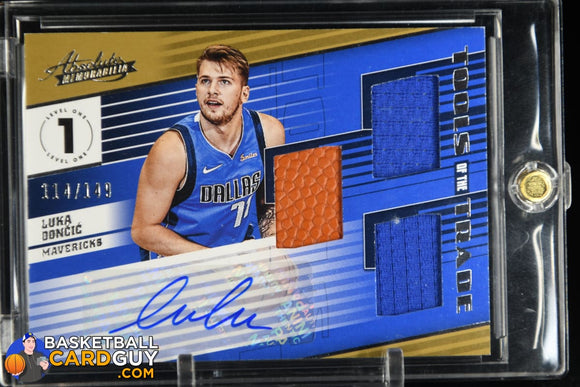 Luka Doncic 2018-19 Absolute Memorabilia Tools of the Trade Three Swatch Signatures RC autograph, basketball card, numbered, rookie card