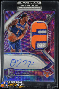 Obi Toppin 2020-21 Panini Spectra Rookie Jersey Autographs Purple Wave FOTL #186 #/8 autograph, basketball card, jersey, numbered, patch