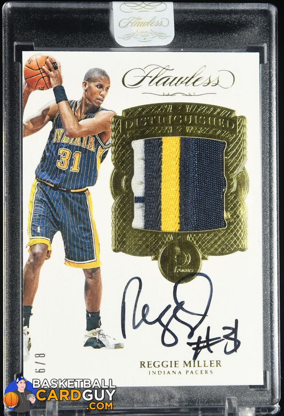 Reggie Miller 2016-17 Panini Flawless Distinguished Patch Autographs Gold #2 #/8 autograph, basketball card, jersey, numbered, patch