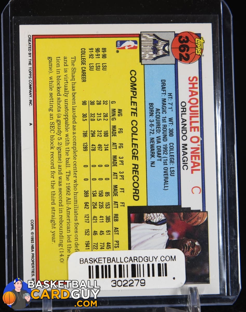 Shaquille O’Neal rookie card number 134 1993 NBA property good topps