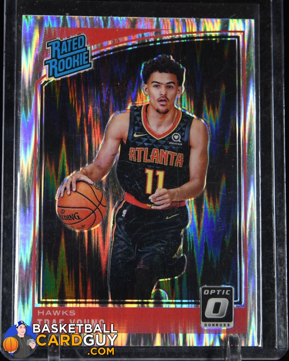 Trae Young 2018-19 Donruss Optic Shock #198 RR basketball card, jersey, rookie card