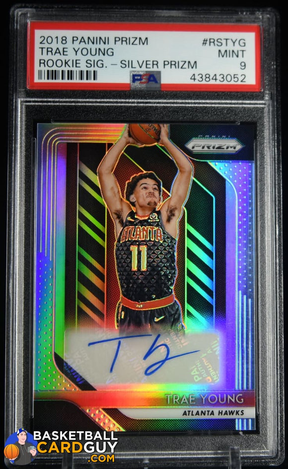 Trae Young 2018-19 Panini Prizm Rookie Signatures Prizms Silver #RS-TYG PSA 9 MINT autograph, basketball card, graded, rookie card
