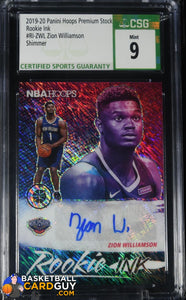 Zion Williamson 2019-20 Hoops Premium Stock Rookie Ink Shimmer #6 SSP BSG 9 MINT autograph, basketball card, graded, rookie card