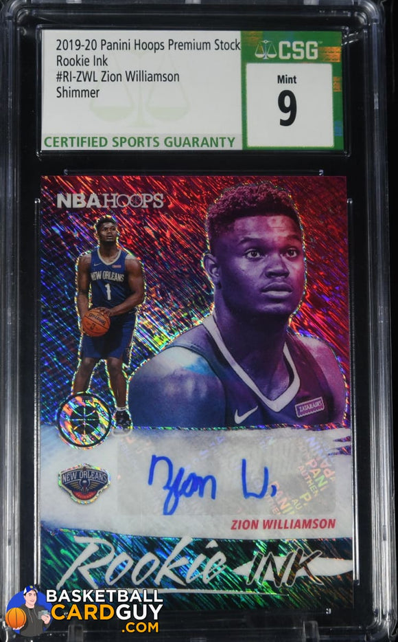 zion williamson graded rookie card Zion Williamson 2019-20 Hoops Premium Stock Rookie Ink Shimmer #6 SSP BSG 9 MINT