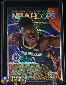 Zion Williamson 2019-20 Hoops Premium Stock Rookie Special Shimmer #1 basketball card, prizm, rookie card